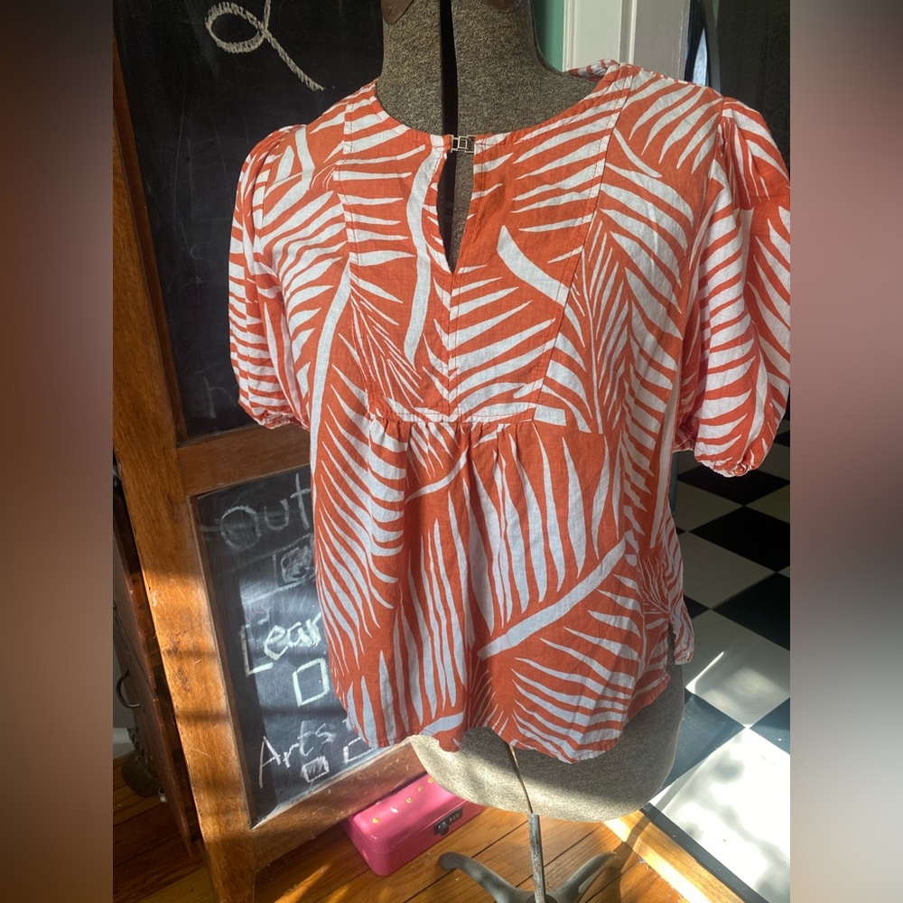 Panama Jack Tropical Orange and White Linen Blend Top Blouse Size M resortwear